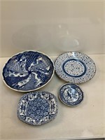 (4) Blue & White Plates, Various Sizes