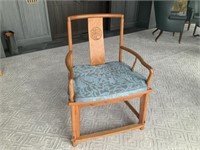 WOOD CHAIRS WITH BLUE FABRIC CUSHIONS