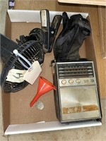 Fan, funnels, keychain, old radio