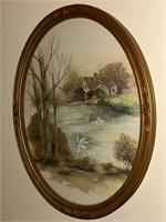 Vintage Homco Oval Watercolor Print “Cottage Pond”