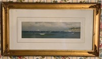 Antique Seascape with Sailboat Print in Gilt Frame