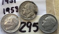 1958D,1851,1953D 3 Roosevelt Silver Dimes