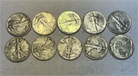 10 Walking Liberty Half Dollars, 1917,1930s