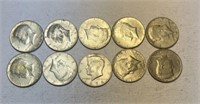 10 Kennedy Half Dollars 6 1964s