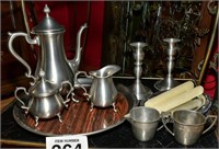 Tea cart and pewter serving pieces