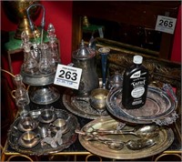 All silverplate serving pieces + bottle tarn-x