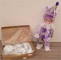 Purple Clown Girl Doll, 19 pc Mini Toy Tea Set