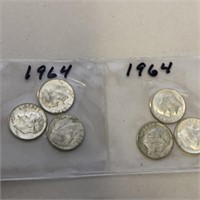 SILVER Roosevelt Dime Lot x 6 1964