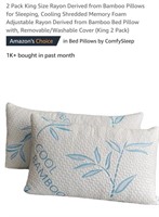 2 Pk King Size Bamboo Pillows, Cooling Shredded