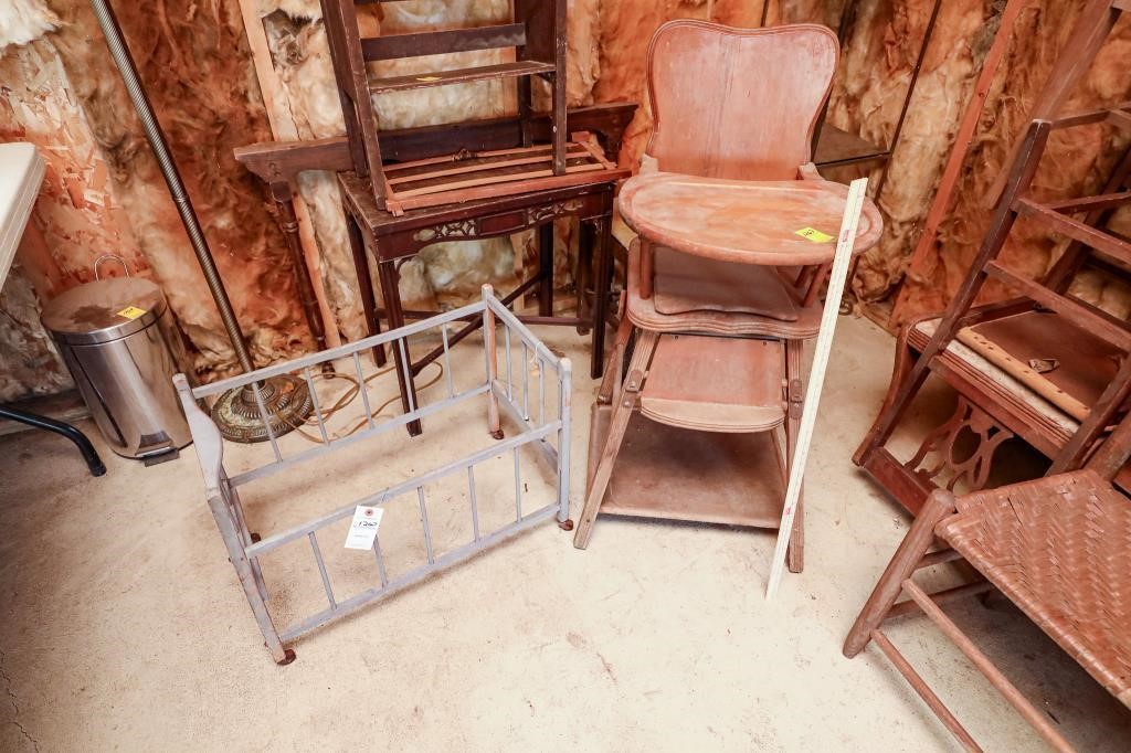 Vintage Wood High Chair; Vintage Wood Doll Crib,