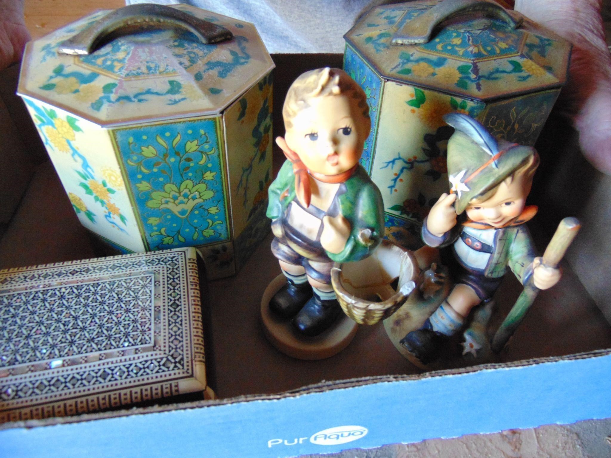 Hummels, Tin Cans, and Box with Necklace, Hummel