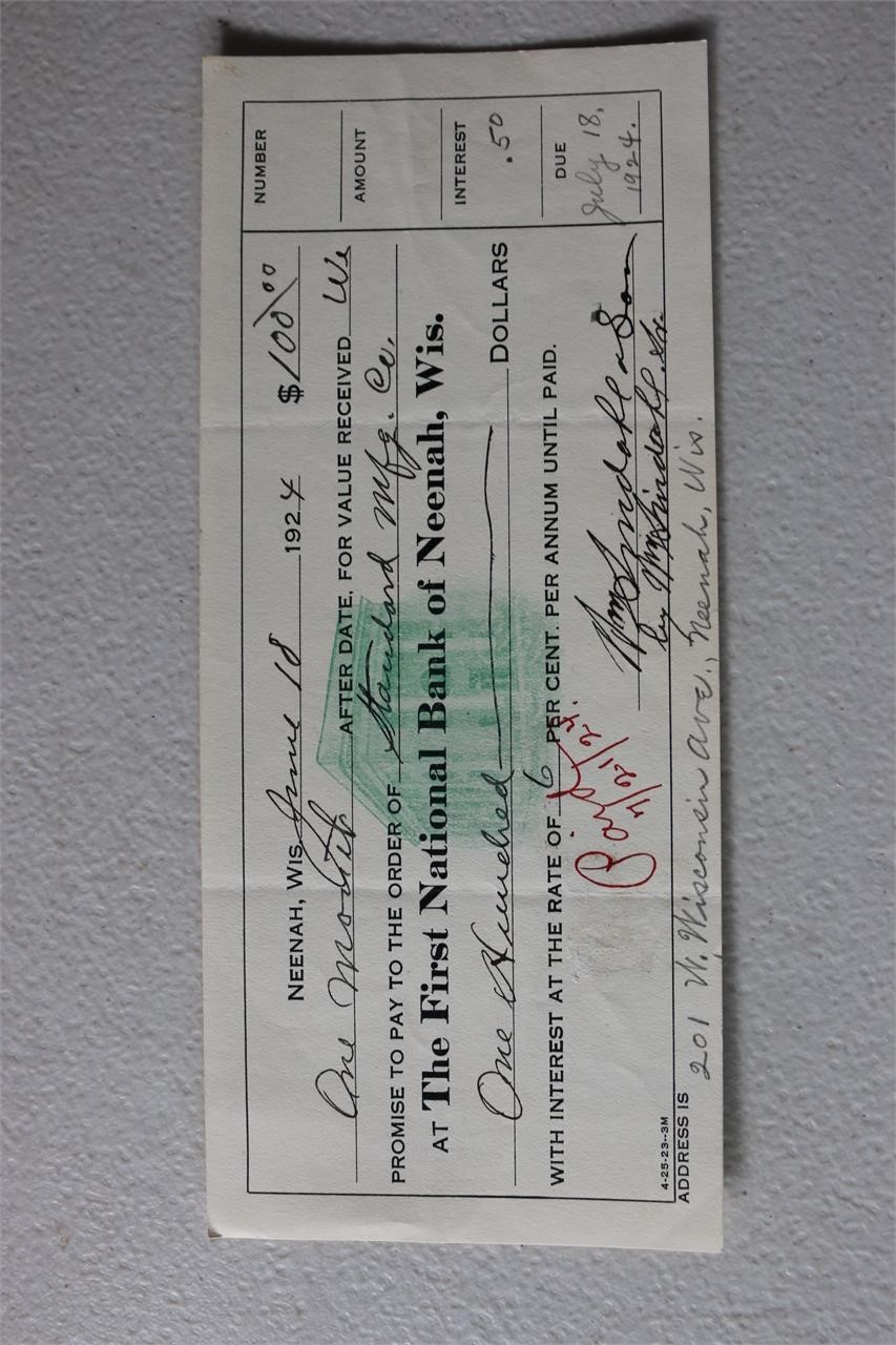 The First National Bank of Neeha, Wis Promise Note