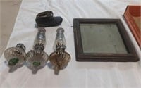 Three Vintage oil lanterns, vintage mirror