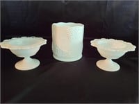 (2) Milk Glass Scalloped Compotes & (1) Canister