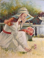 Girl Picking Flowers Oil M. BERNHARDT