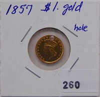 1857 $1 Gold VF, Hole