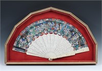 CHINESE QING DYNASTY CARVED & PAINTED FRAMED FAN