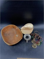 Birch bark basket and a set of bells and a large s