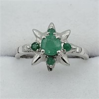 STERLING SILVER GENUINE EMERALD STAR RING, 5