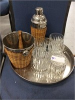 Vintage wicker cocktail tray and accessories