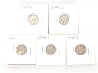 5 Circulated Mercury Dimes