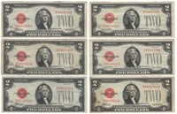 (6) 1928 $2 Red Seal Legal Tender U.S. Notes