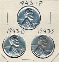 (3) 1943 Steel Cents - Philadelphia, Denver & San