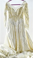 Vintage Floral Beaded Ivory Satin Wedding Gown