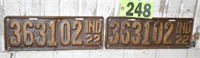 Matched pair of Indiana 1922 license plates