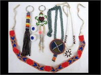 BEADED NECKLACES, KEY FOBS, HAT BAND & EARRINGS