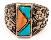 "WYNS" Turquoise Spiny Oyster Floral Ring Sz. 8.5