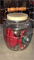 Country store barrel jar with bail handle that