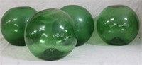 4 BLOWN GREEN GLASS FLOATS, 10" - 11" DIA., DUSTY