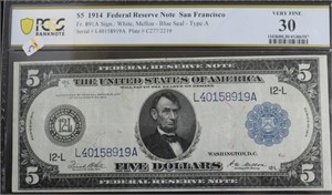 1914 PCGS VF 30 5 $ FEDERAL RESERVE NOTE
