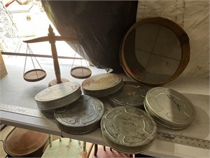 Film reel tins, scale, sifter