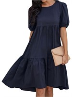 C711  HUBERY Women Midi Dress, Short Puff Sleeve