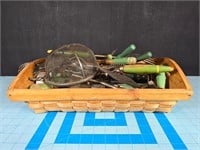 Wicker basket w/ vtg wooden green handled utensils