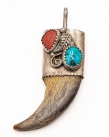 Navajo Bear Claw Turquoise Coral Pendant