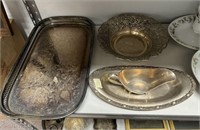 Silver Plate Tray, Pierced Bowl, and Gravy