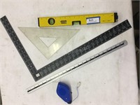 Level, chalk line, squares and ruler