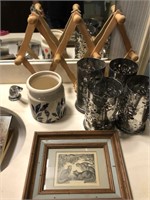 Etching, 4 candle punched tins, rack and more