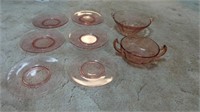 PINK DEPRESSION GLASS PLATES AND BOWLS