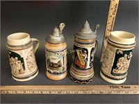 4 Vintage German Ceramic Steins