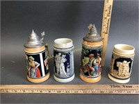 4 Vintage German Ceramic Steins