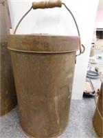 Tin canister (military?) w/wood handle, 13" tall