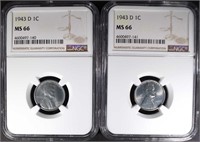 2-1943-D LINCOLN STEEL CENTS, NGC MS66
