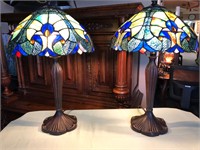 Pair Tiffany Style Leaded Glass Lamps Teal & Blue