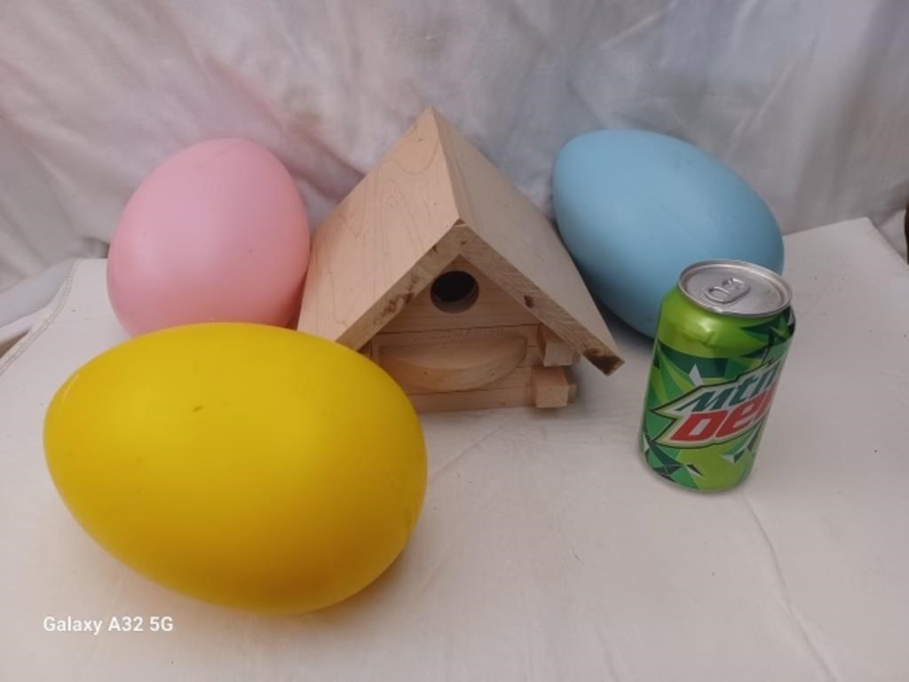 Wooden Birdhouse and Blow Mold Eggs