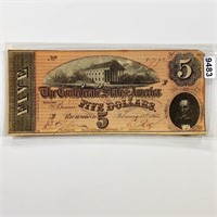 1864 Confederate $5 Bill LIGHTLY CIRCULATED