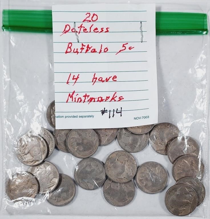 20 dateless  Buffalo Nickels  14 w/ mintmarks